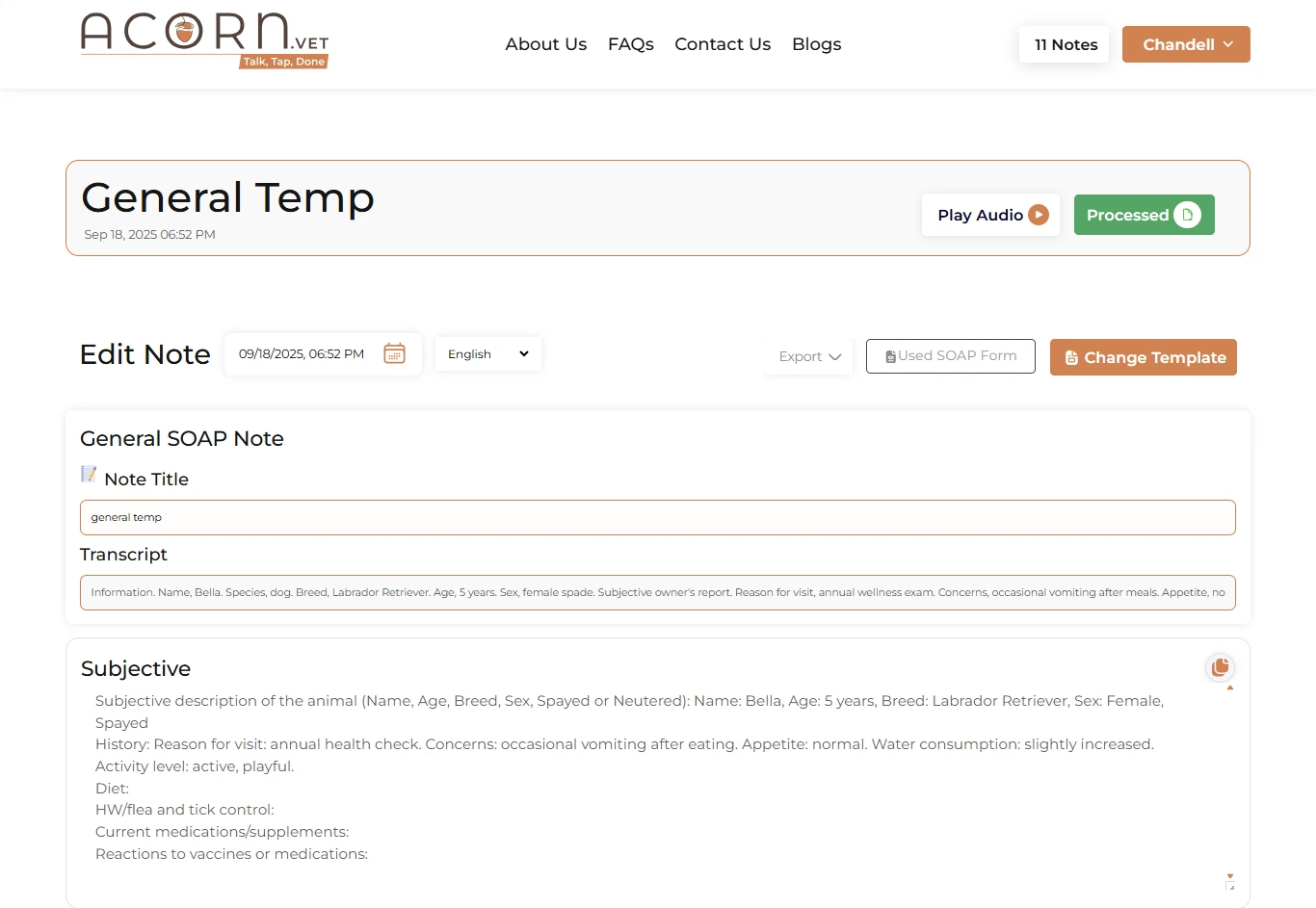  2025/2026 Acorn.vet dashboard displaying generated SOAP notes for veterinary professionals, showcasing the streamlined process for efficient animal health documentation.